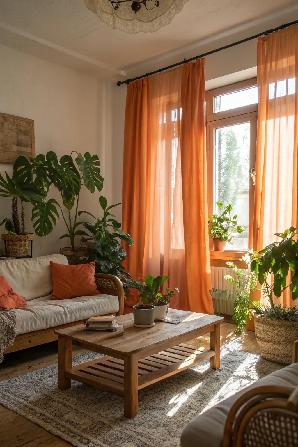 Natural elements complementing the warmth of orange window coverings.
