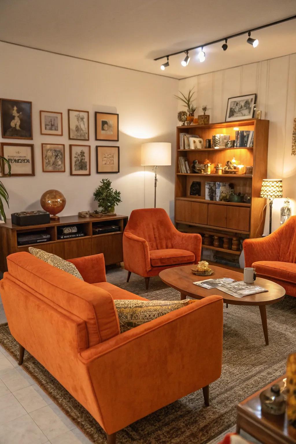 A unique living space with vintage orange furniture pieces adding character.