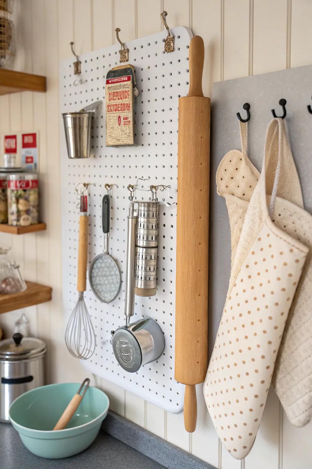 Pegboards provide a flexible and visual storage option.