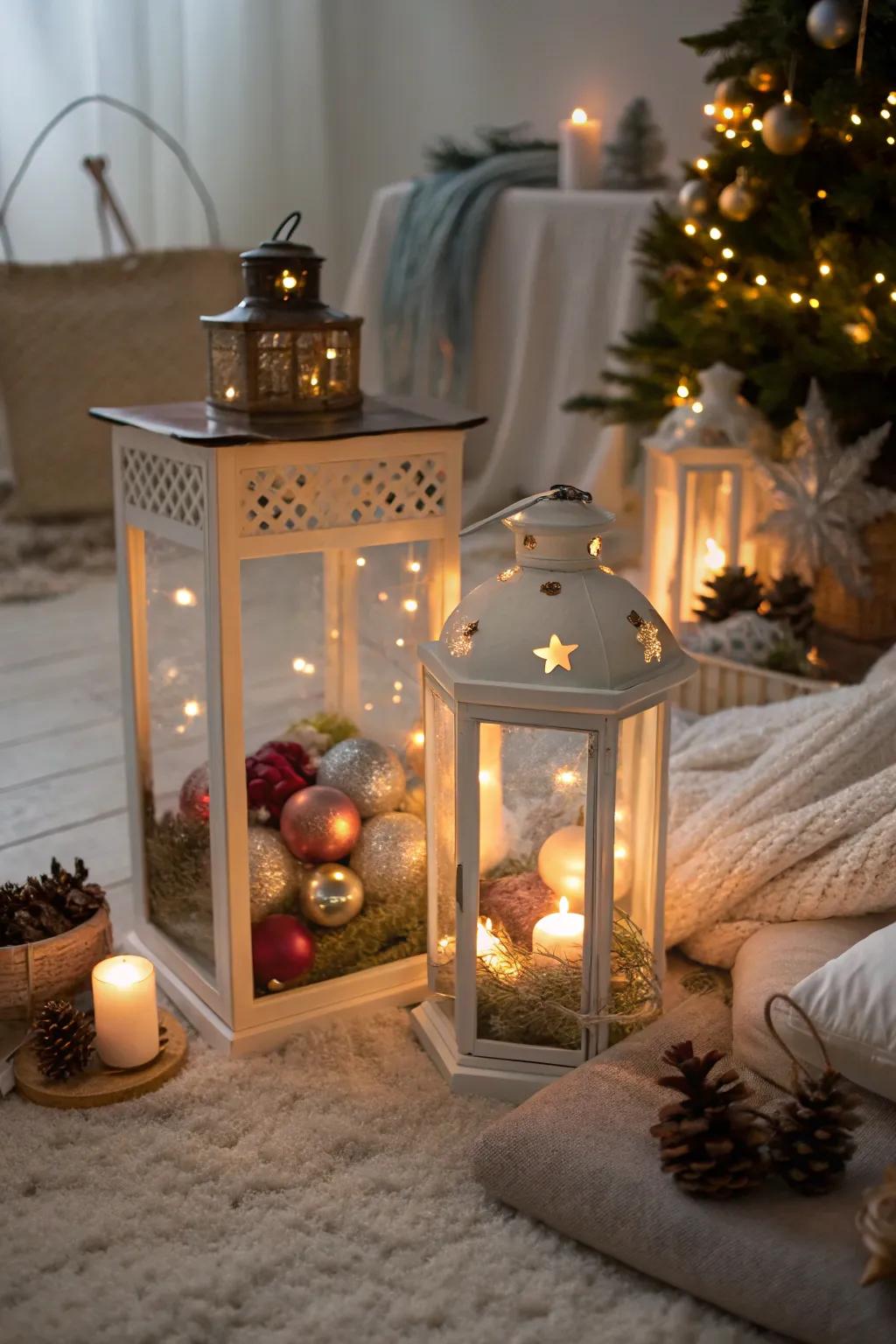 Charming lanterns populated with ornaments for a snug radiance.