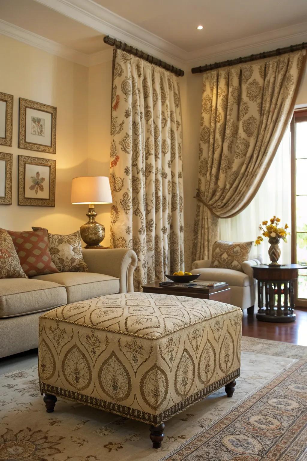 Coordinated ottoman and window treatments for a unified visual