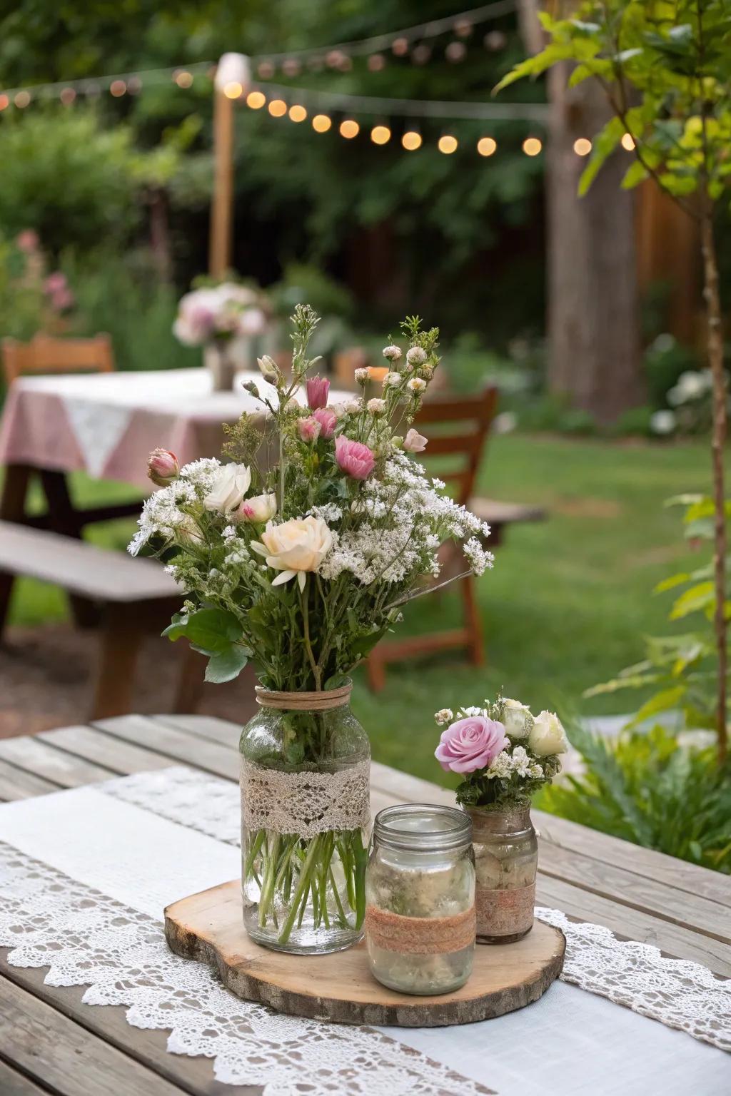 Canning jars with flowers provide a simple and delightful decor option.