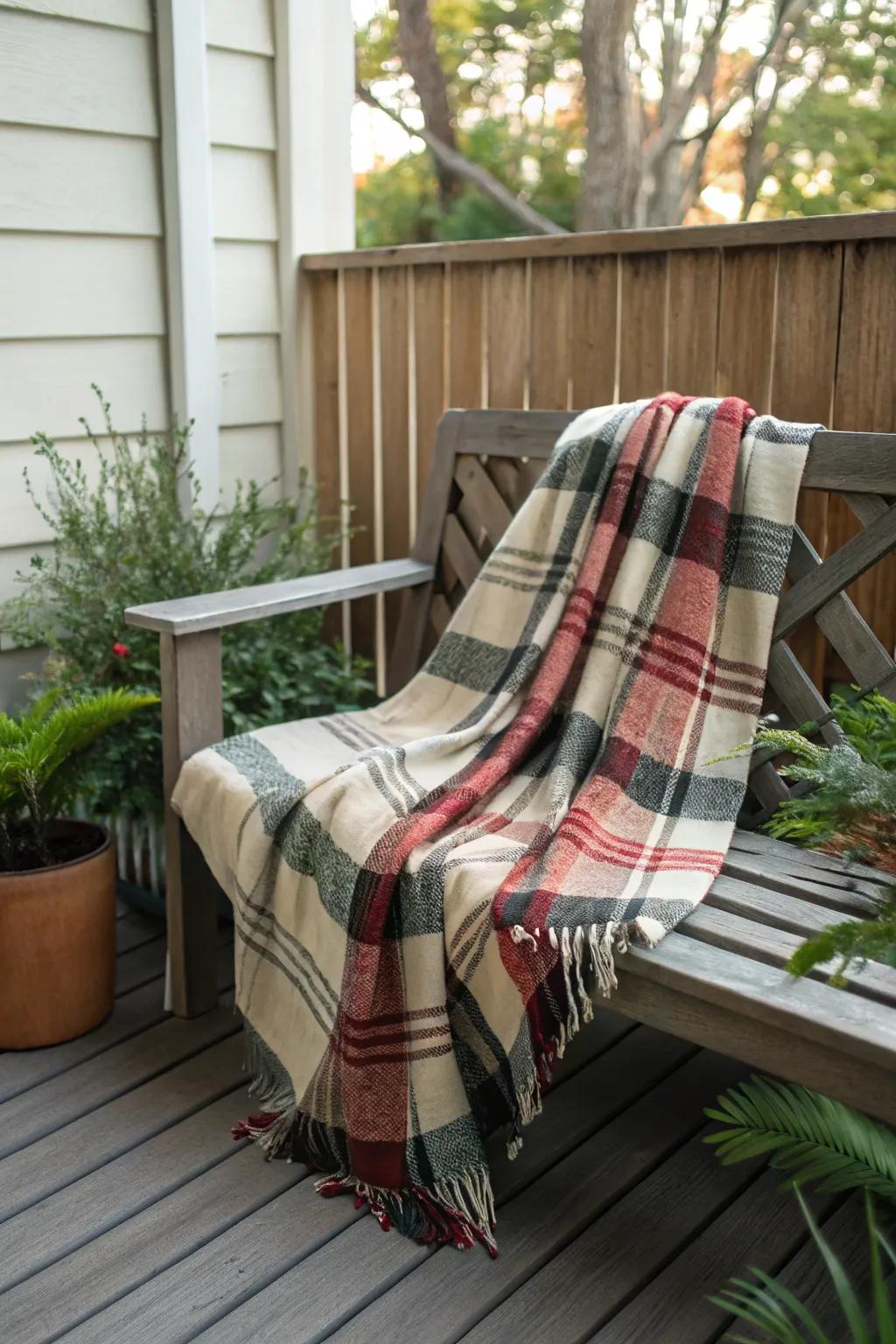A woven throw introduces warmth and texture to the exterior seating.