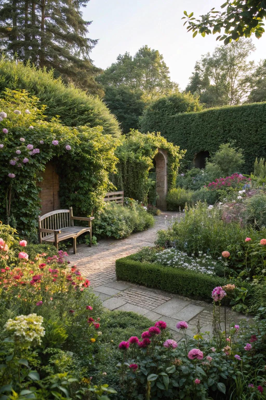 Secluded garden spots provide cozy, private retreats.