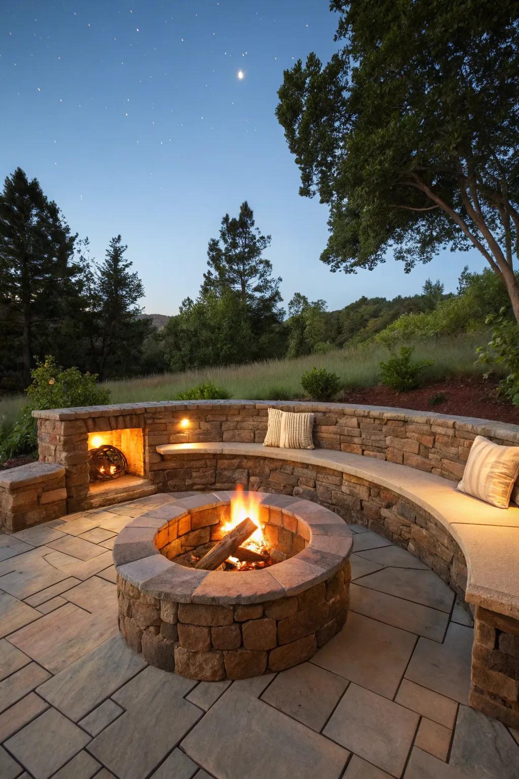 Stone walls around firepits establish captivating gathering places.