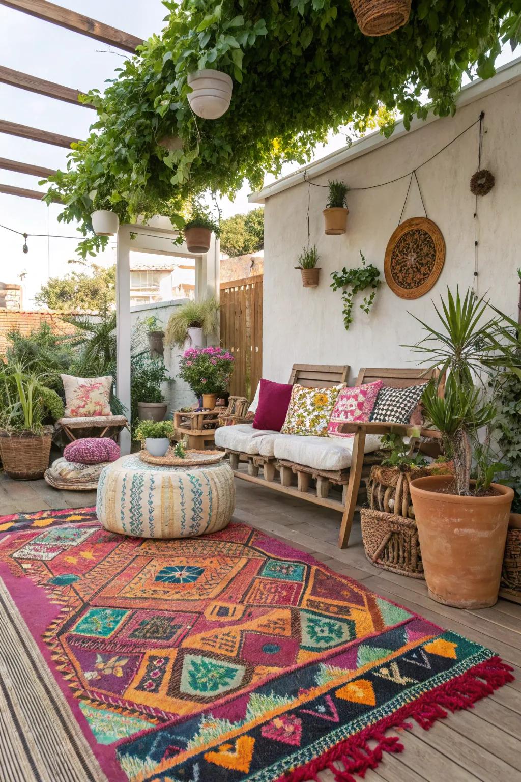 Bohemian flair using rugs that are colorful.