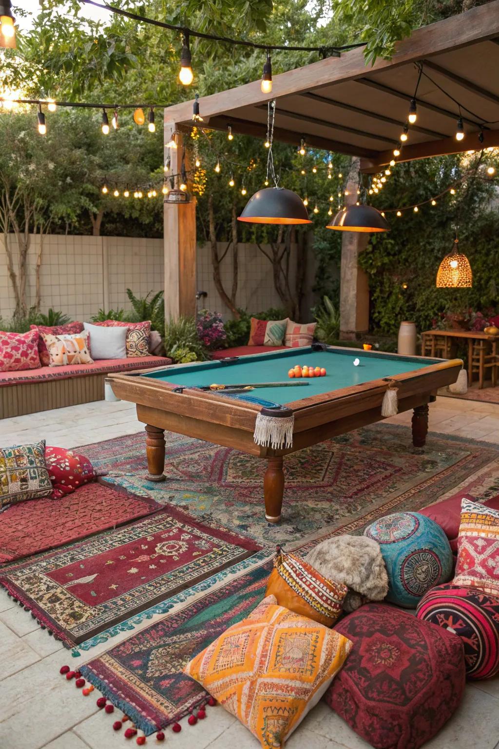 A bohemian-style billiard table precinct, bedecked with eclectic and kaleidoscopic decor.