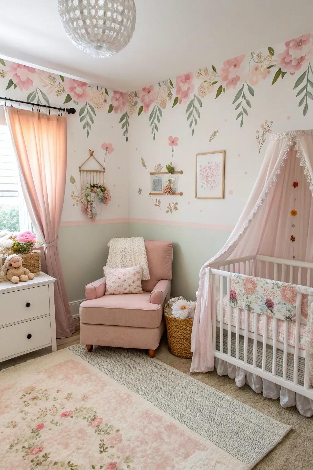 Flower hues create a regal and relaxed atmosphere in the nursery.