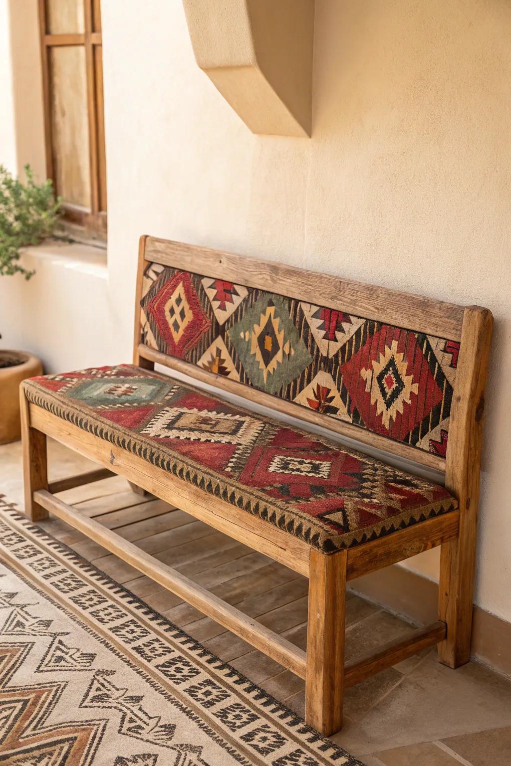 Elevate your space with the charm of Aztec artistry on a minimalist bench. 🌿✨