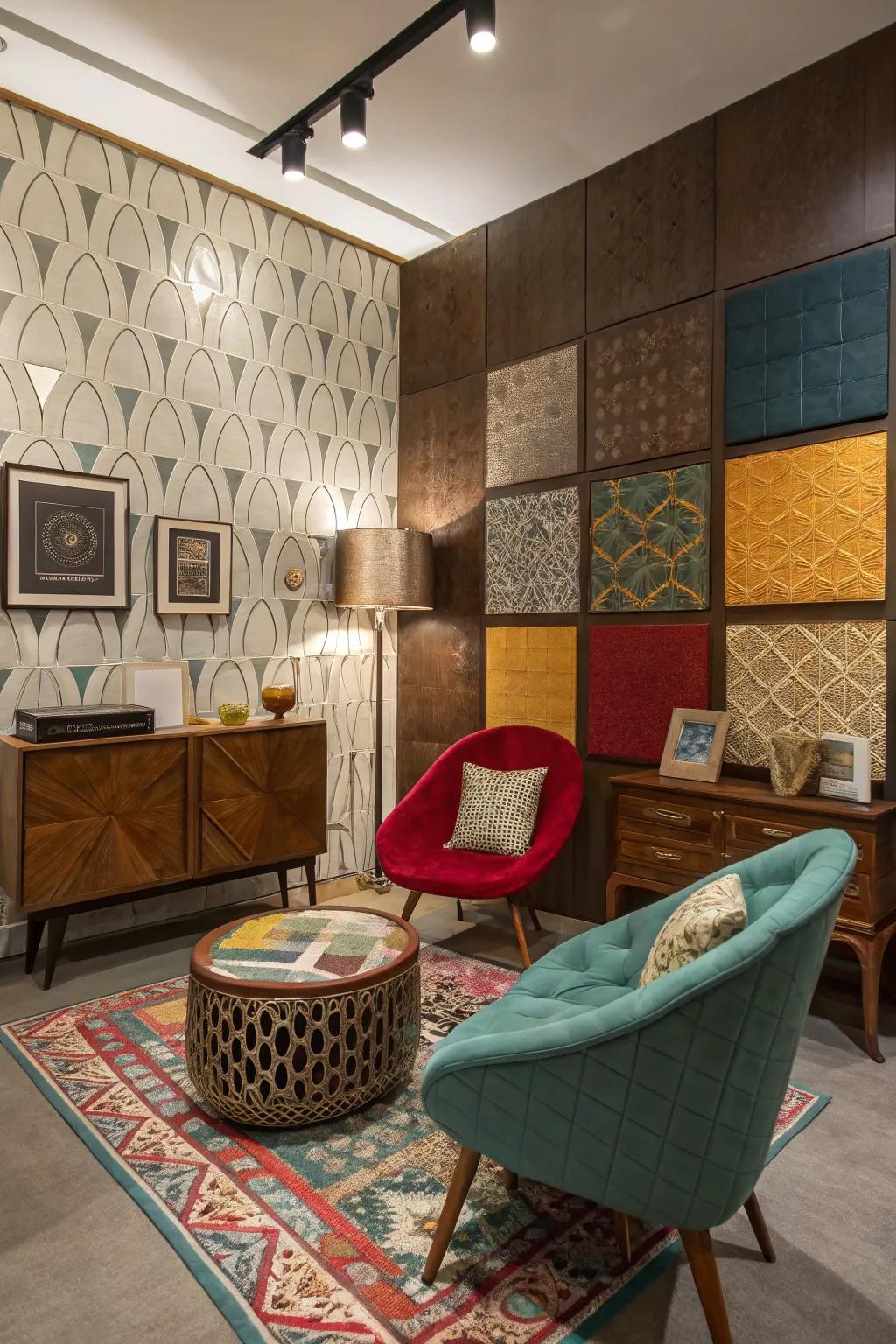 Room featuring eclectic asymmetric panel designs.