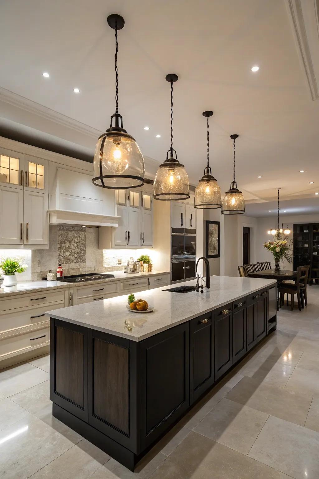 Hanging luminaires enhance elegance and illumination.