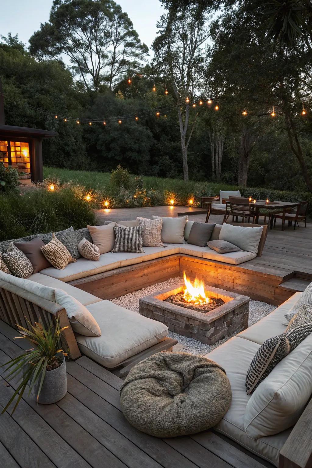 A sunken fire pit lounge adds a chic, intimate touch.