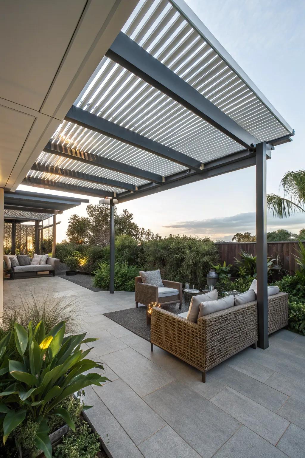 Slatted roofs offer adaptable shading solutions for modern patios.