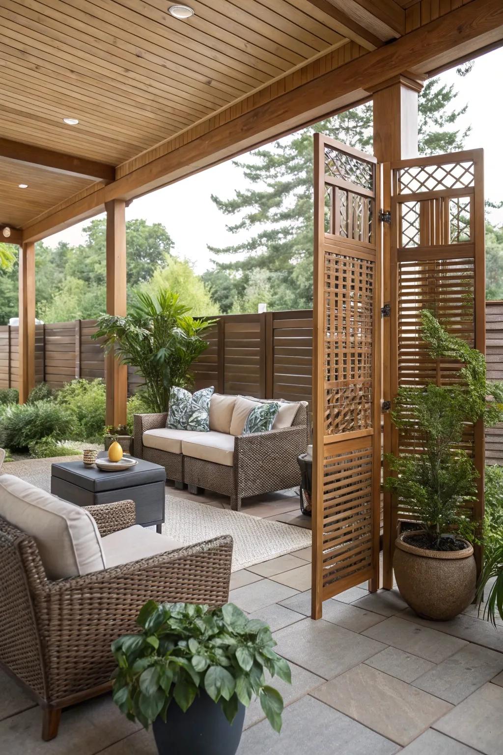 A serene patio featuring a timber solitude partition.