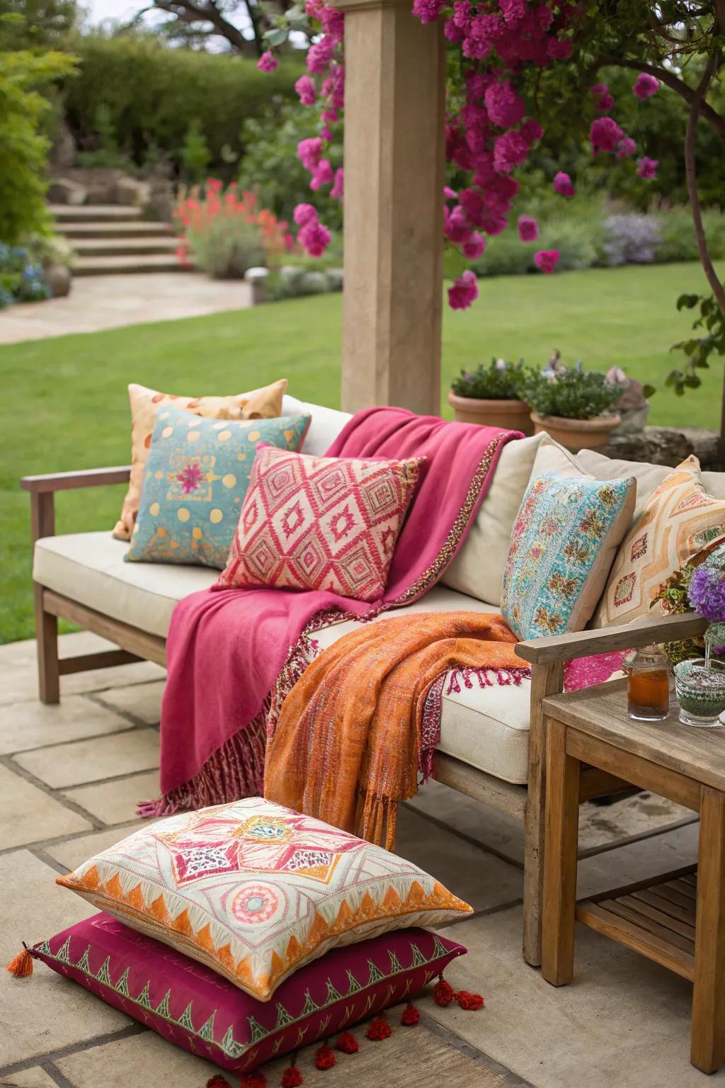 Colorful textiles contribute vibrancy to the patio.