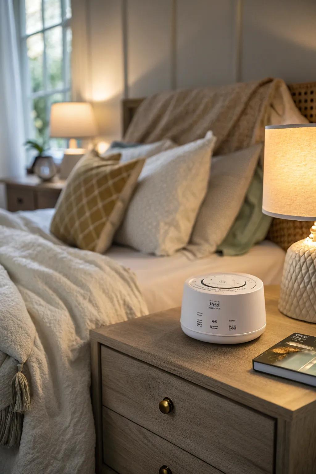 A bedroom is equipped with a noise machine for a peaceful auditory environment.