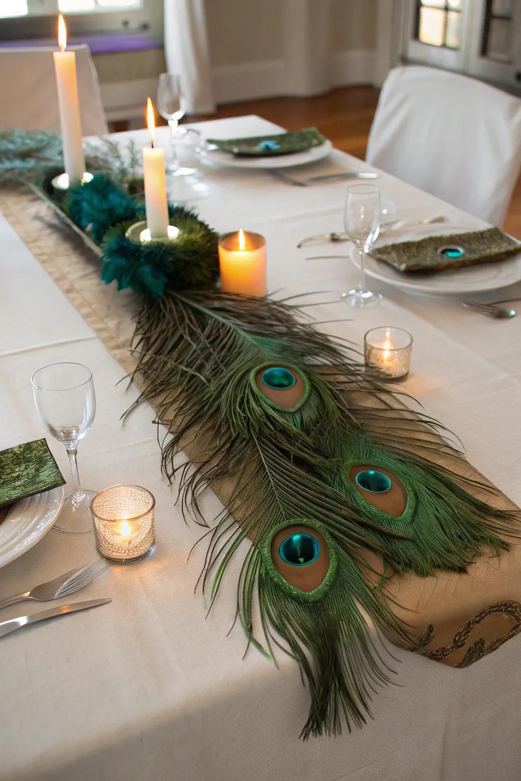 An inviting centerpiece featuring a pathway of quills and candlelight.