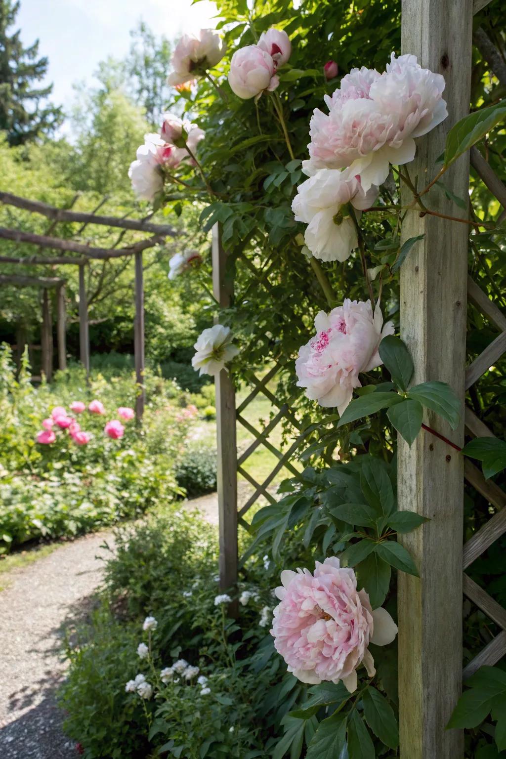 Towers adding elevation and playfulness to a peony garden.