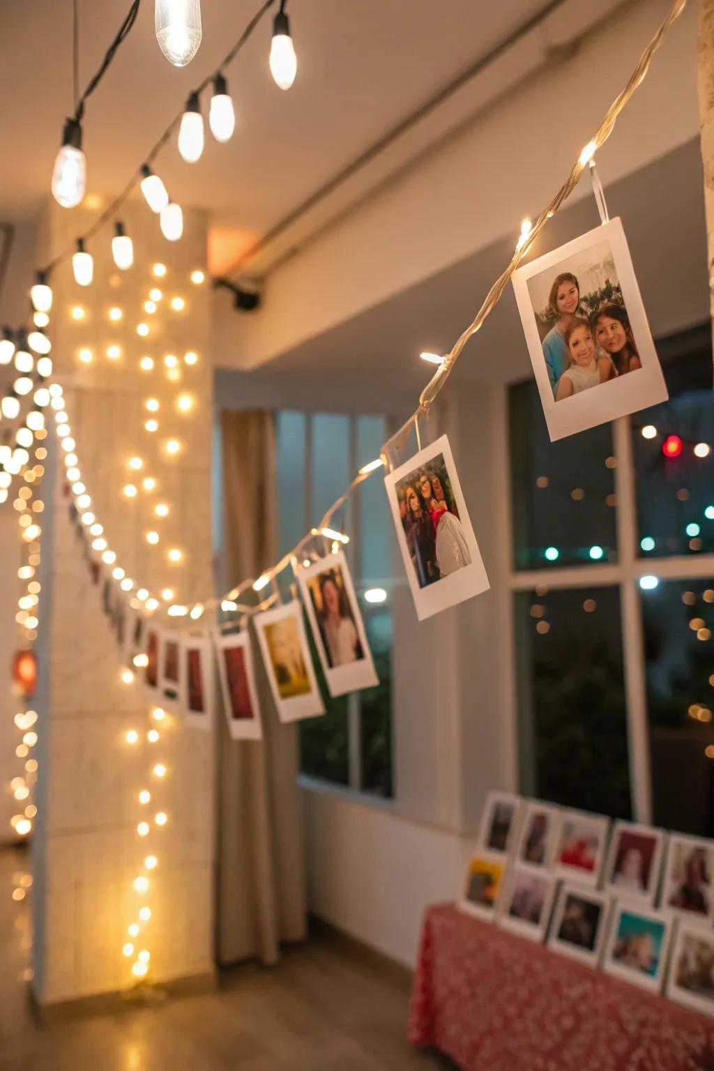 Illuminated garlands with photos convey a celebratory essence.