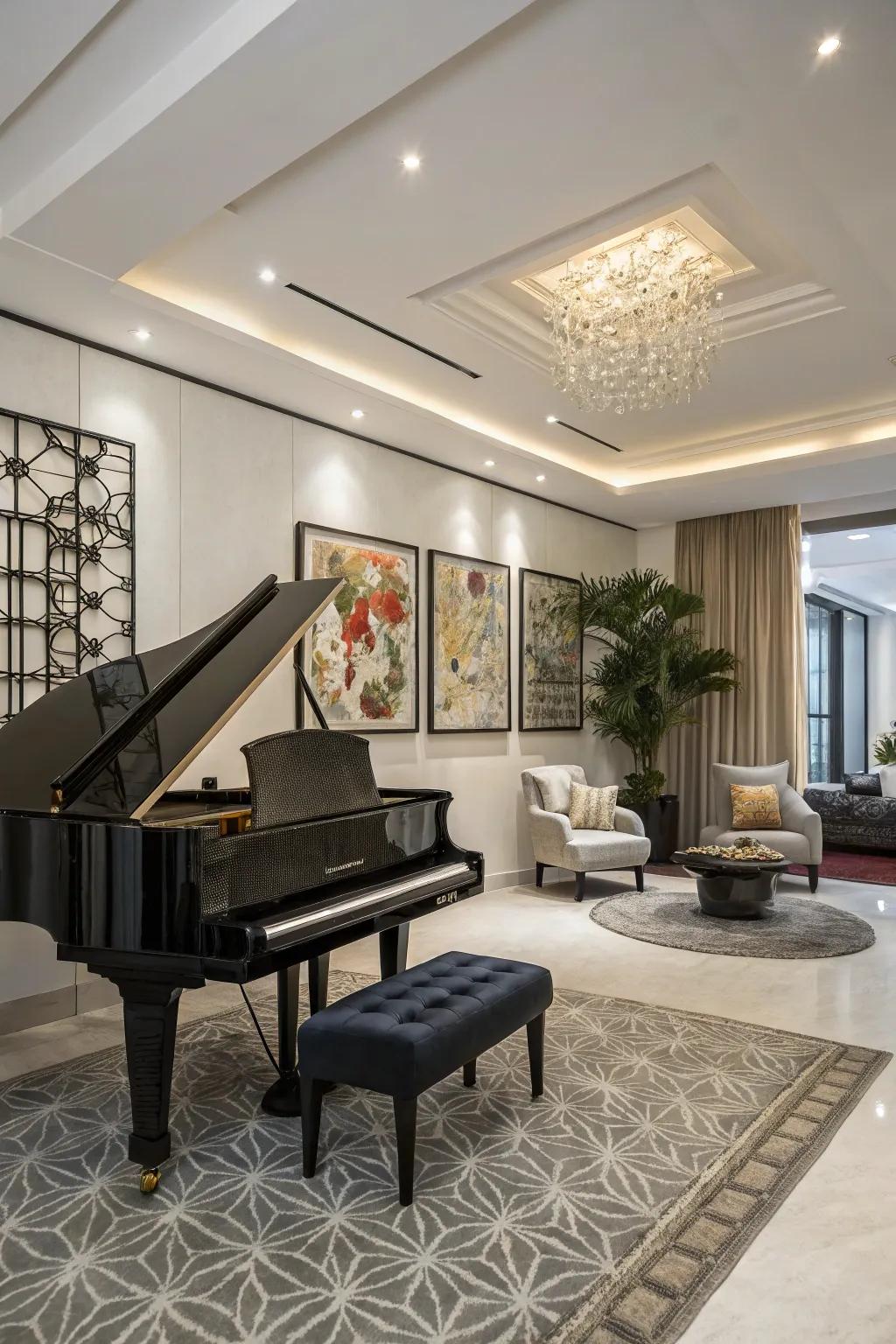 Disproportionate decor adds a dynamic and modern touch to the piano room.