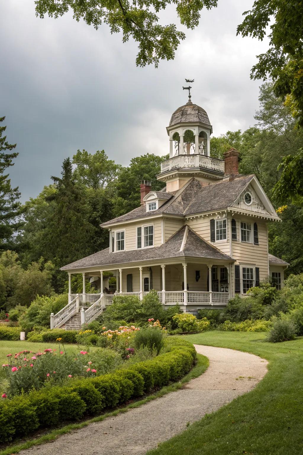 A historical-style house featuring a timeless cupola.