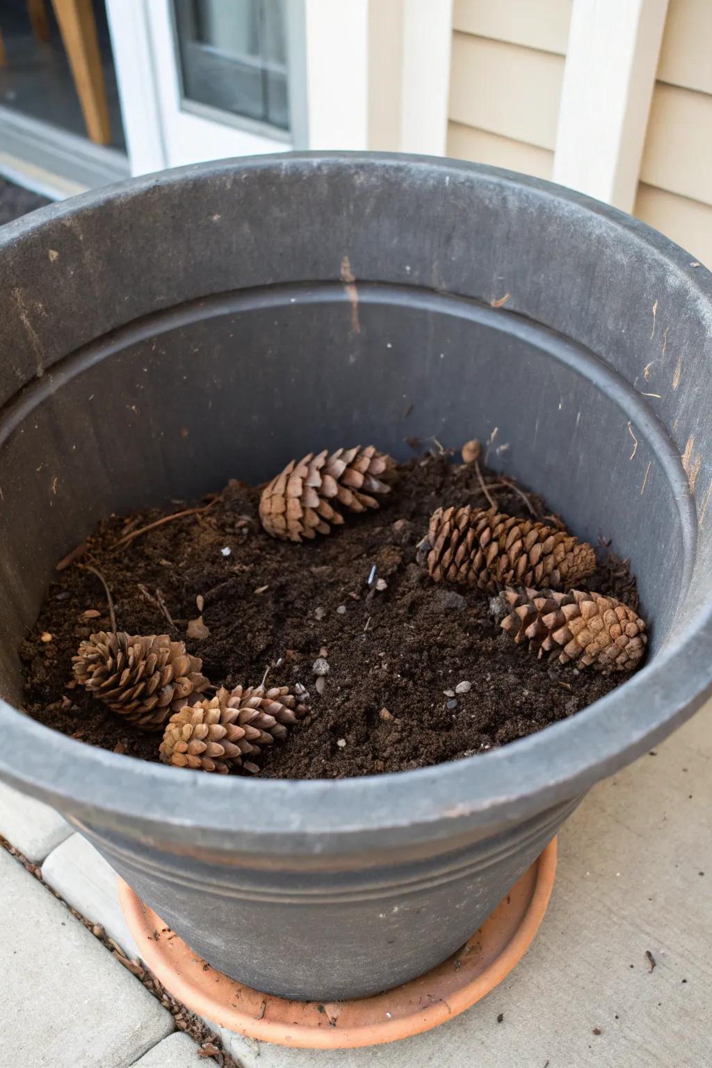 Pinecones improve drainage and soil texture in planters.