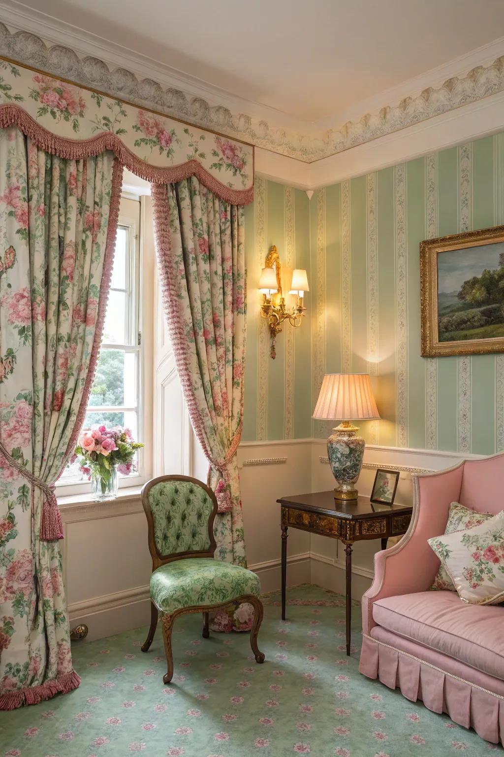 Vintage rose and verdant decor brings cozy elegance.