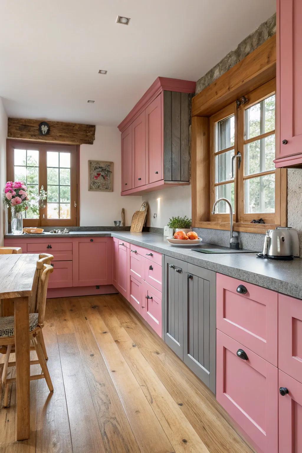Natural wood tones complement rose and grey aspects.