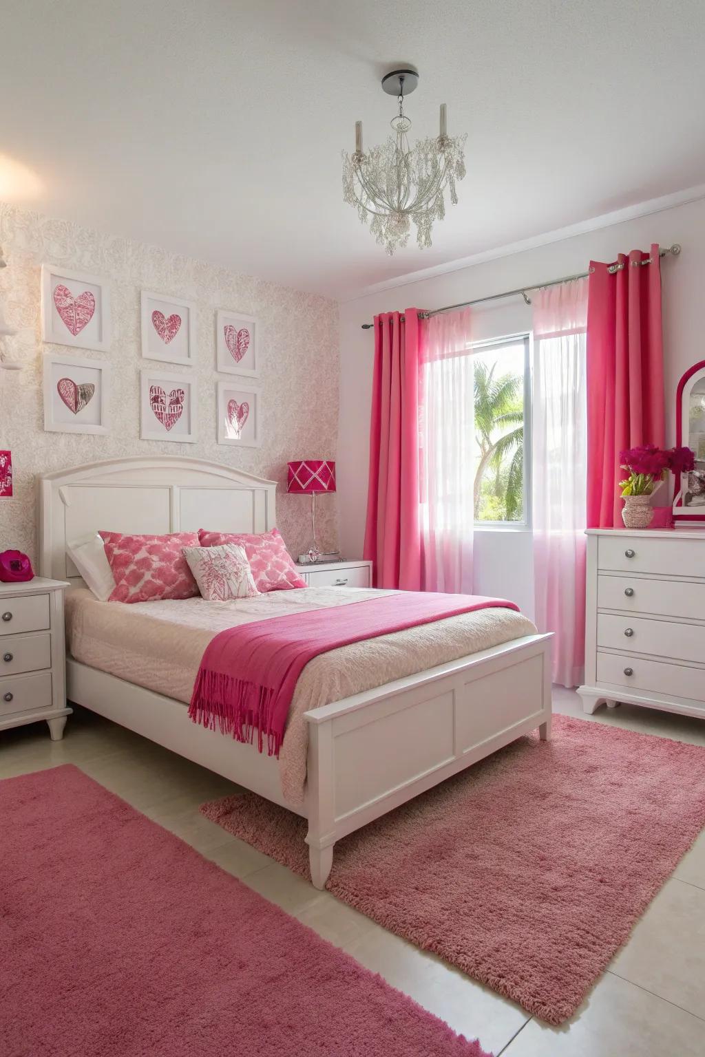 Frosty white and flamingo rose create a daring and modern bedroom.