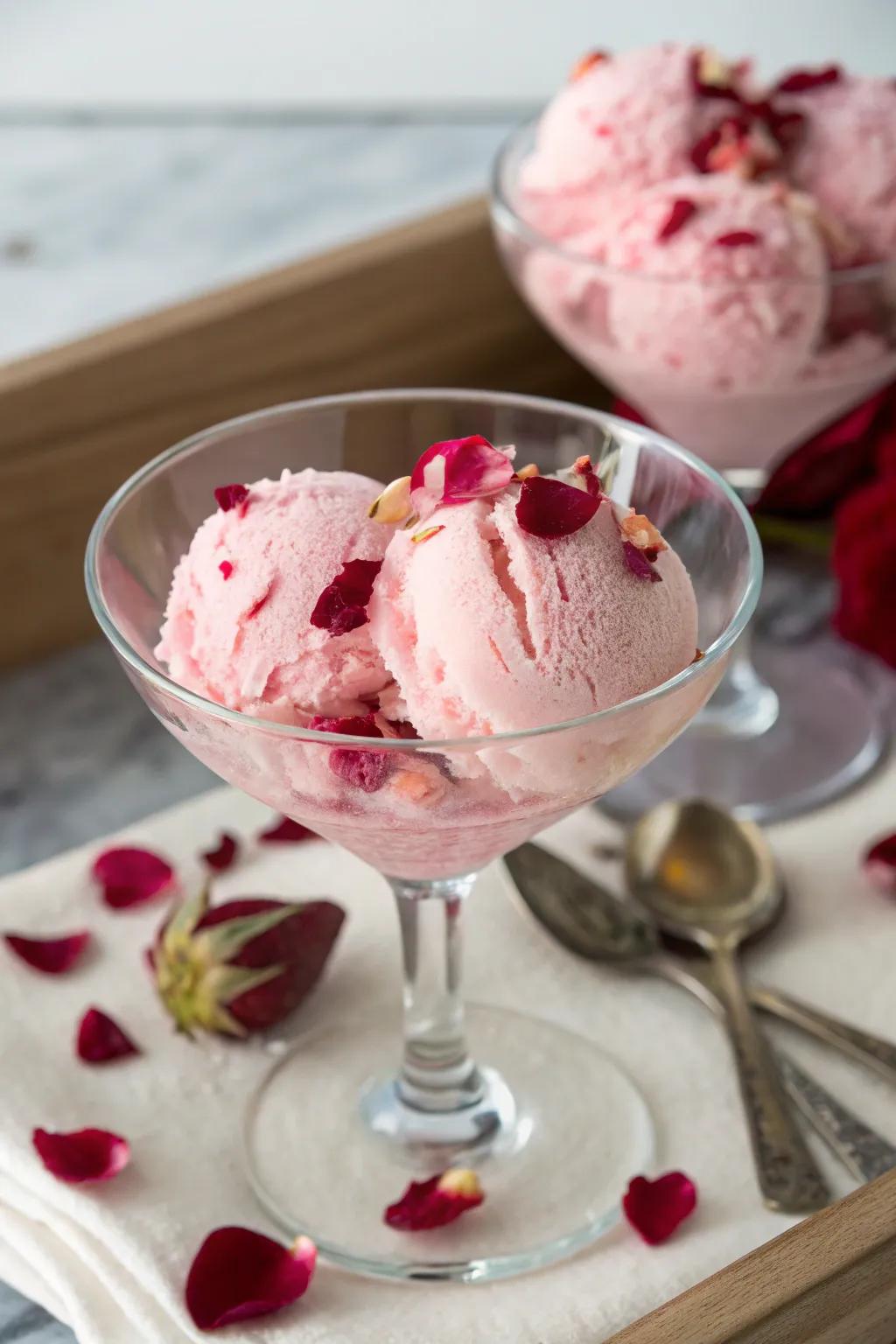 Rose petal frozen dessert features a delicate and aromatic dessert choice.