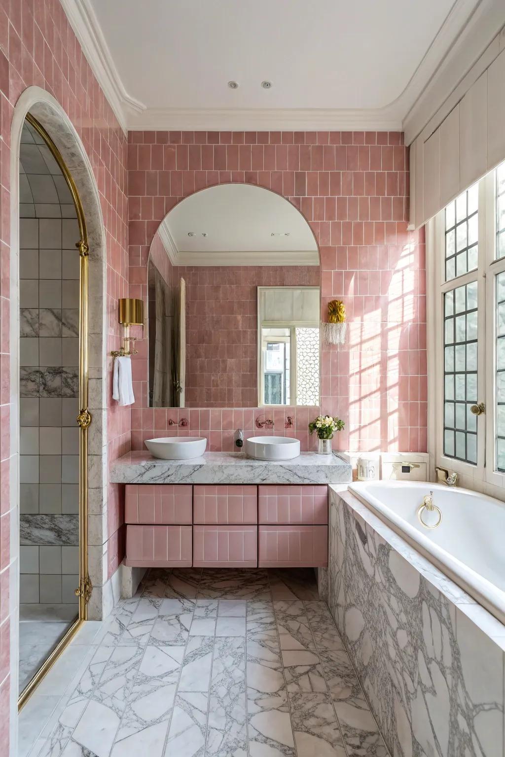 A chic combination of rose-tinted tiles and marble in the bathroom.