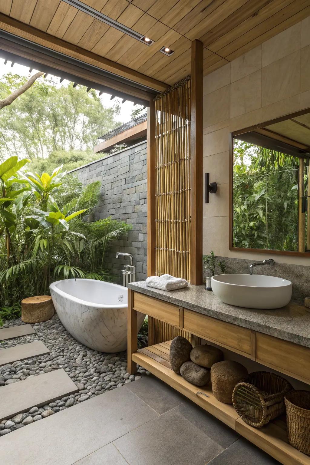 Nature-influenced components instill tranquility into bathroom layouts.