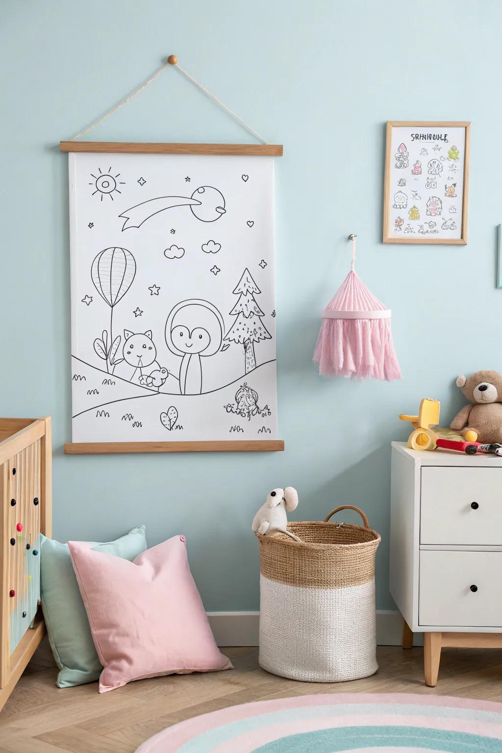 An illustrated print presenting lively line drawings inside a nursery.