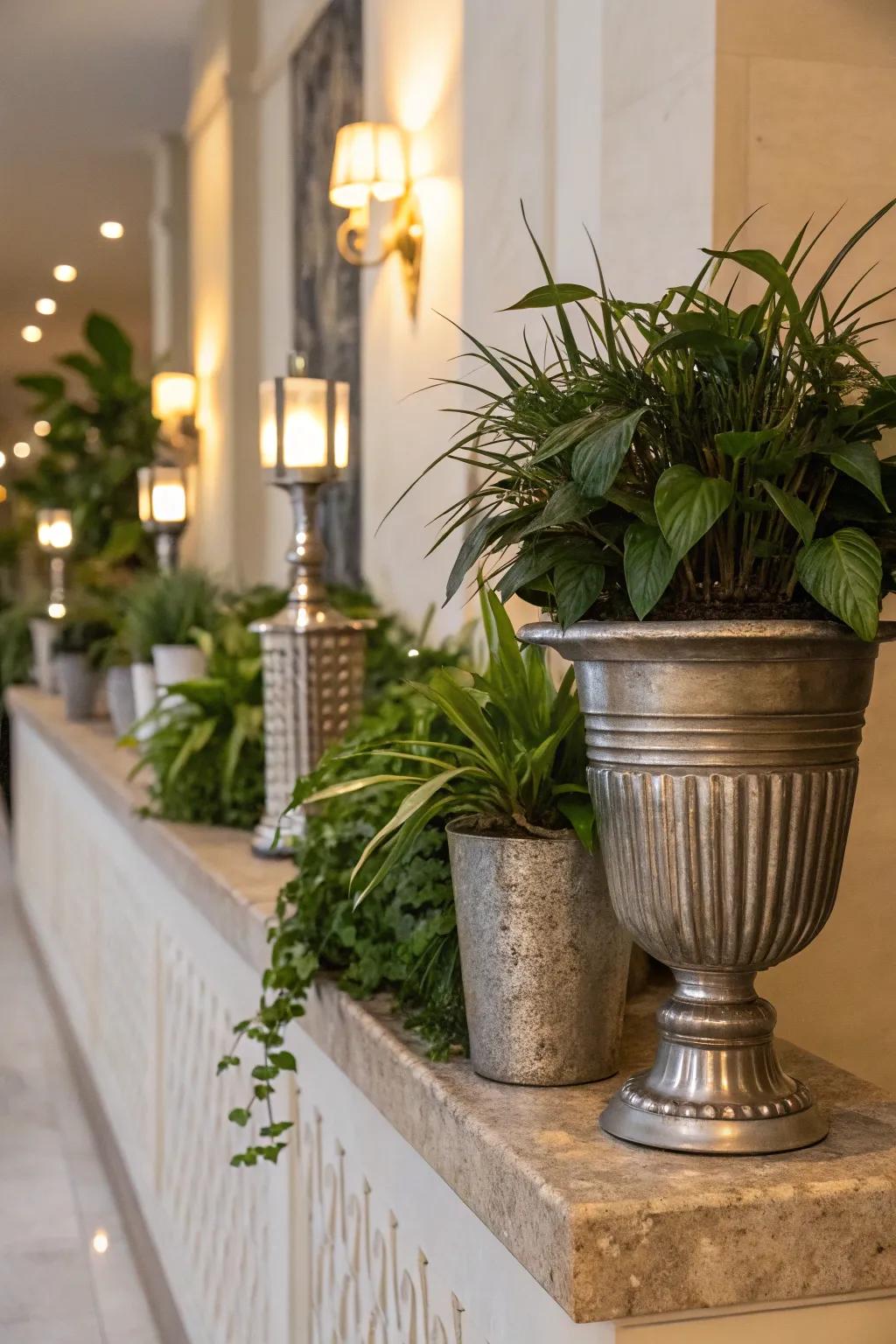 A touch of elegance is introduced to this plant ledge through metallic accents.