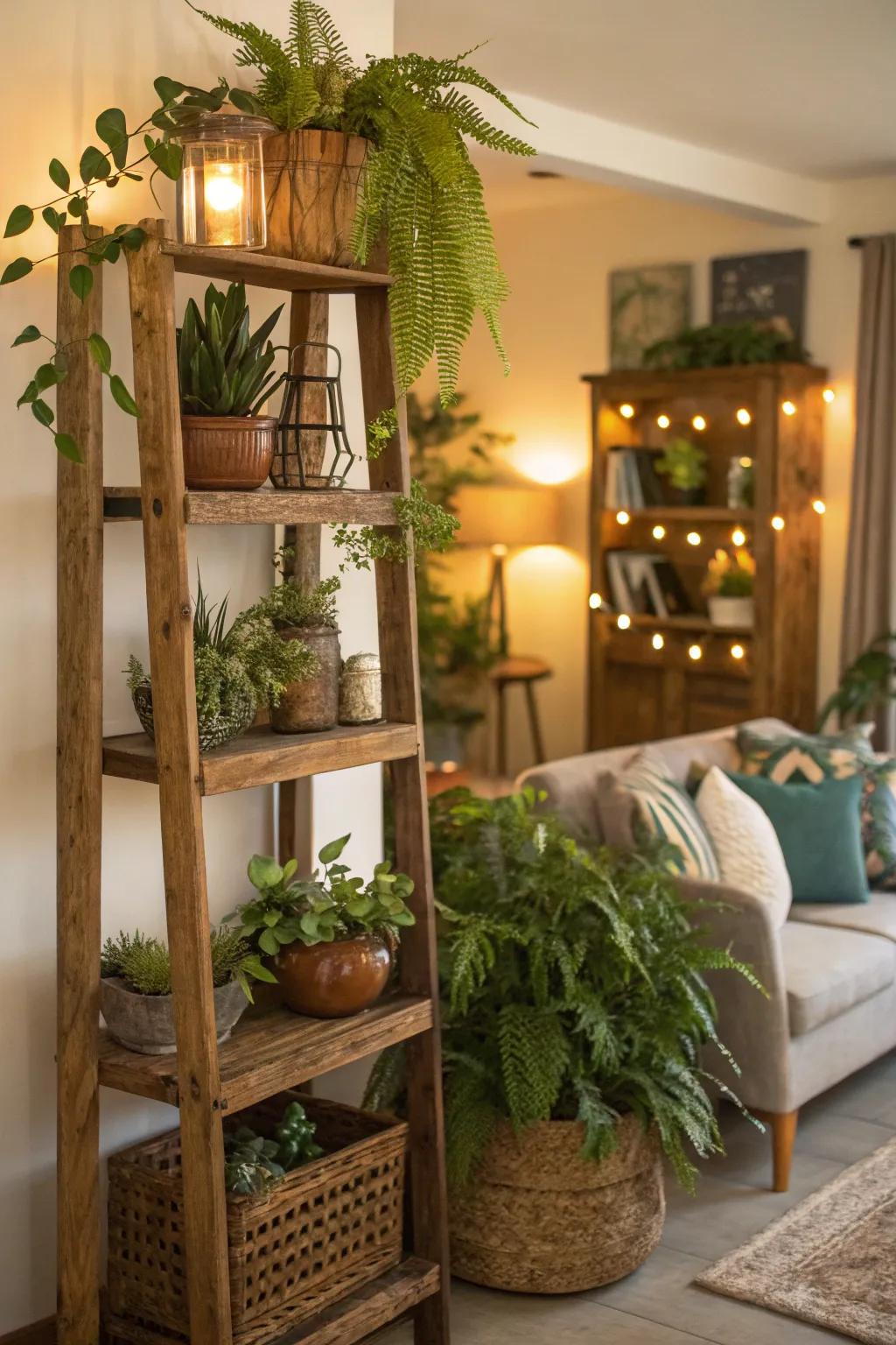 Rustic timber shelves enriching a plant presentation with both charm and warmth.