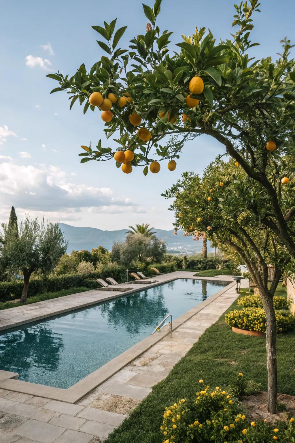 Citrus trees offer beauty and fresh fruit by the poolside.