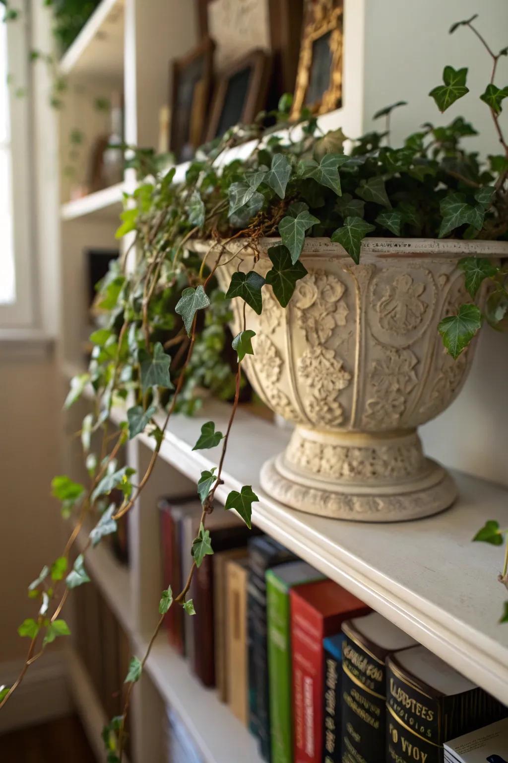 A classic trailing ivy, incorporating timeless greenery within mom's décor.