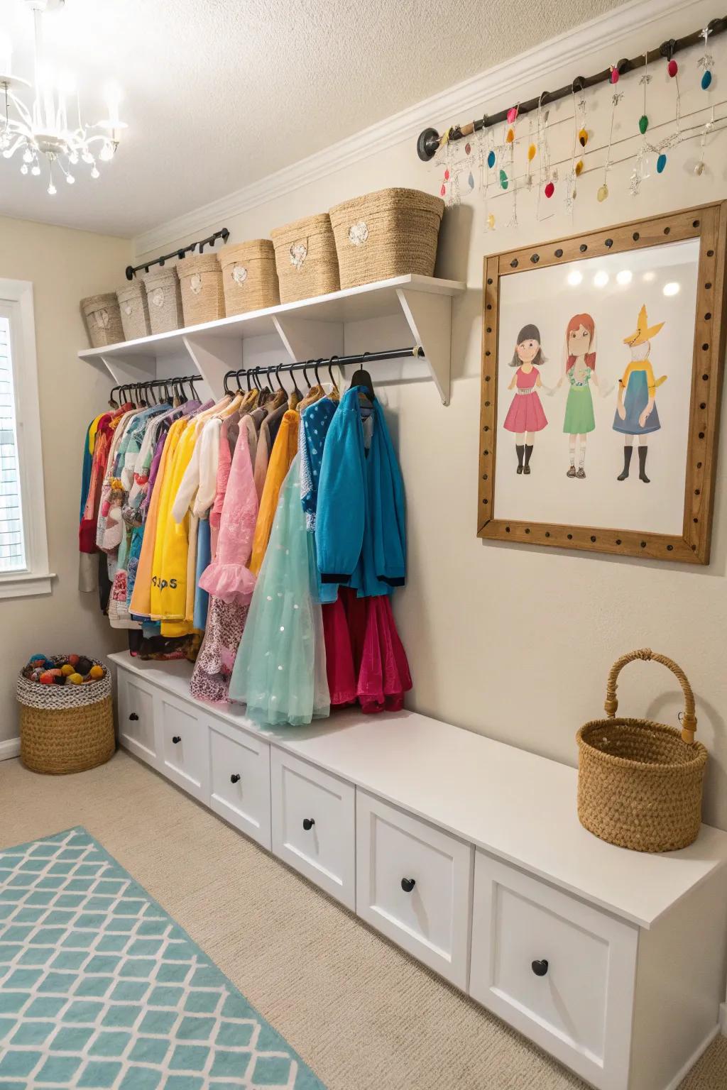 Imaginative play is sparked in a dress-up corner.