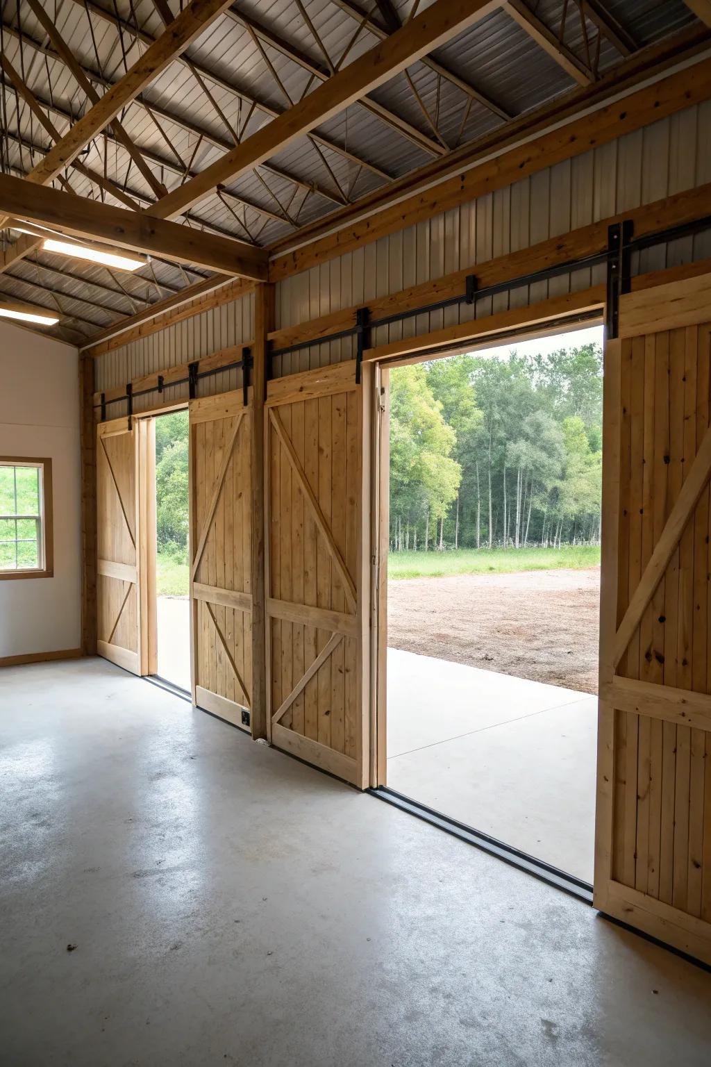 Shifting barn panels in a pole barn used as functional room dividers.