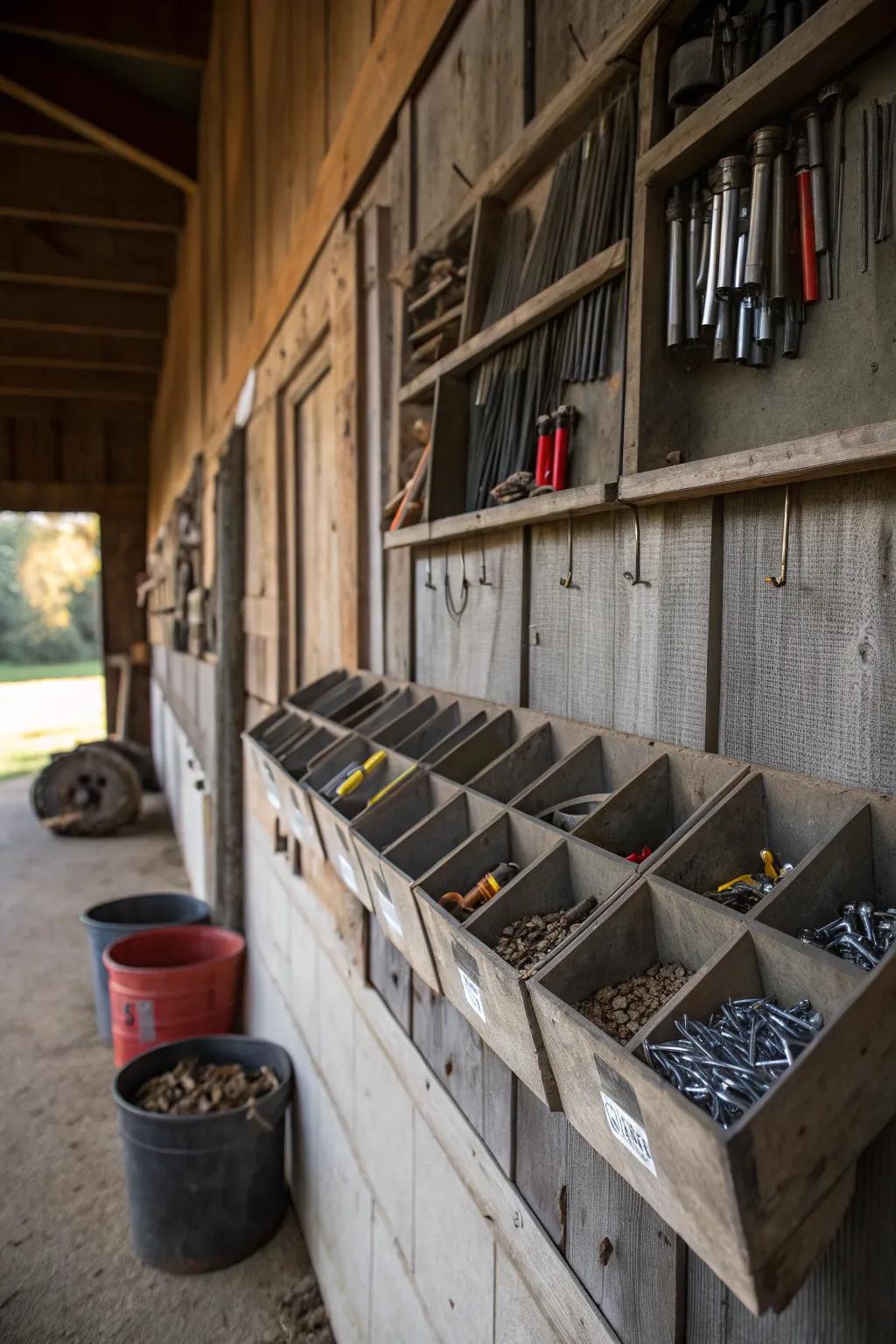 Wall-affixed bins keep small items accessible and organized.