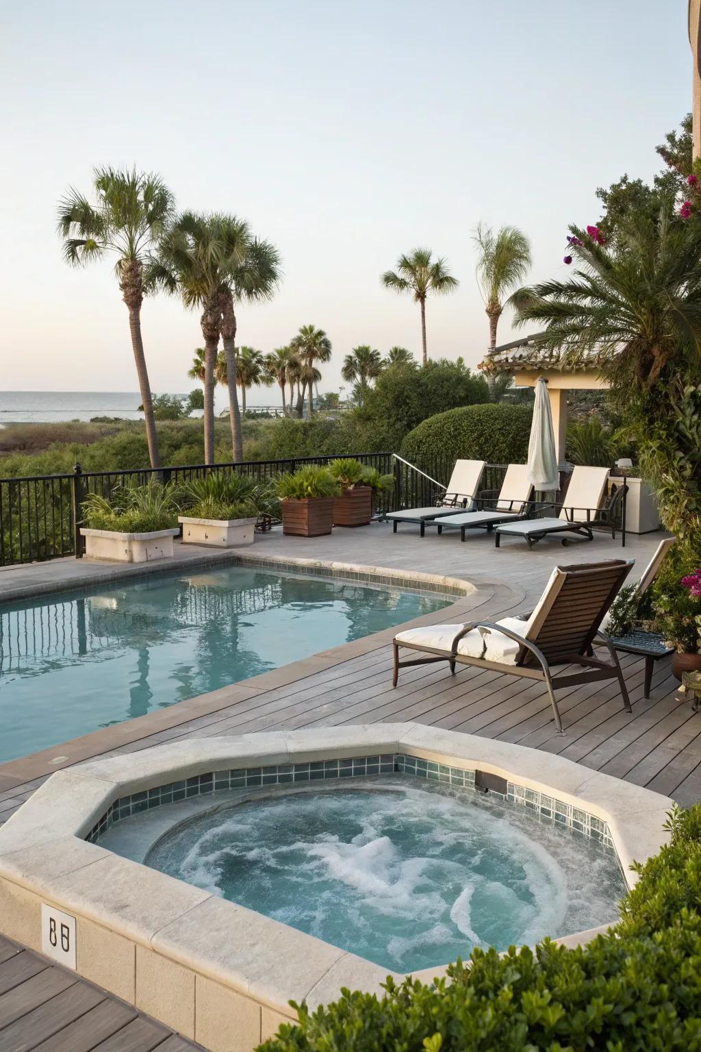 Year-round relaxation with a wellness spot on the pool deck.