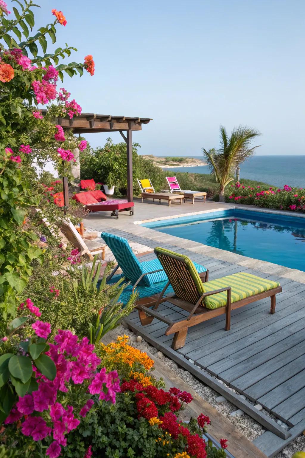 Colorful highlights introduce energy and vibrancy to poolside zones.
