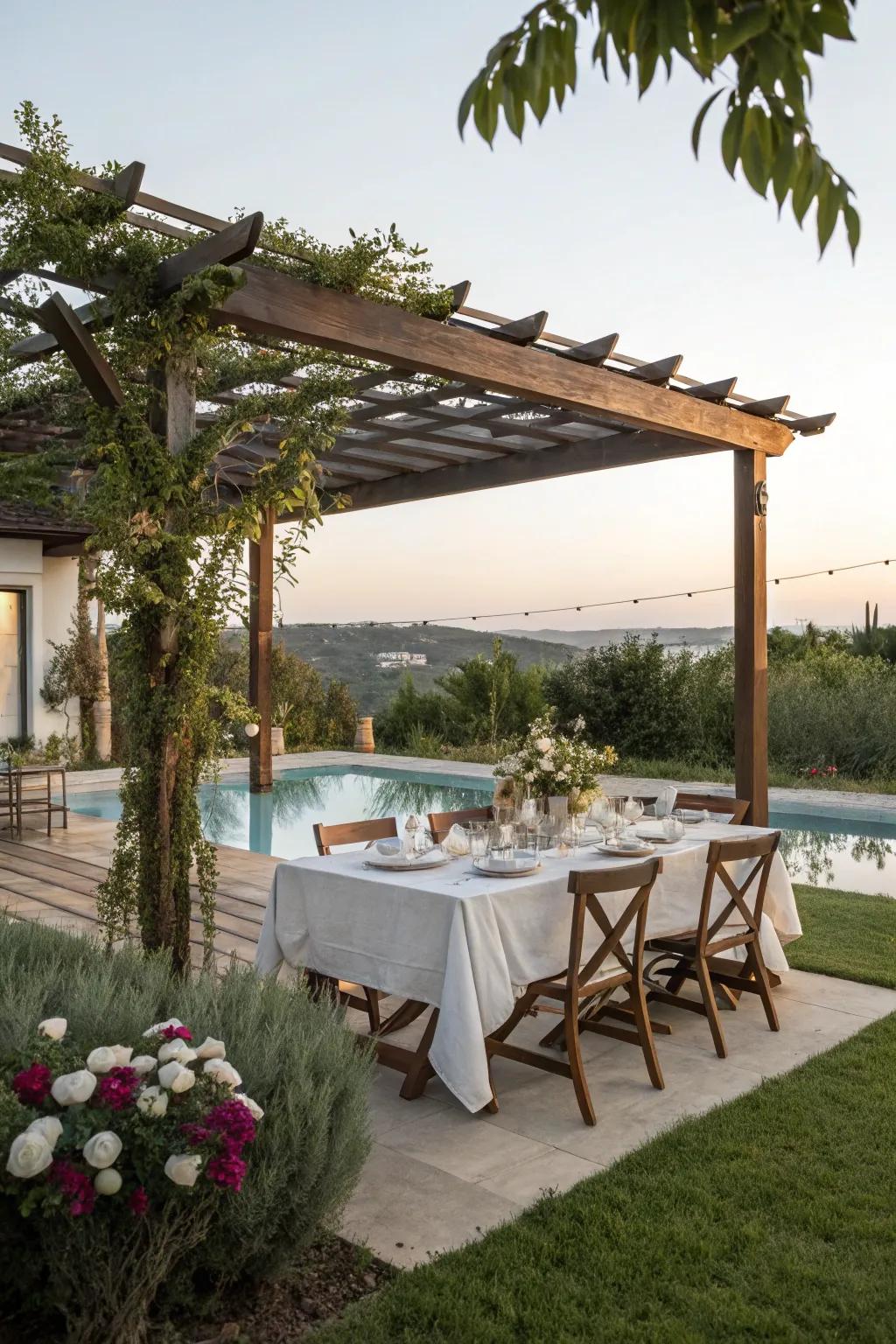 An inviting outdoor dining area next to a peaceful pool.