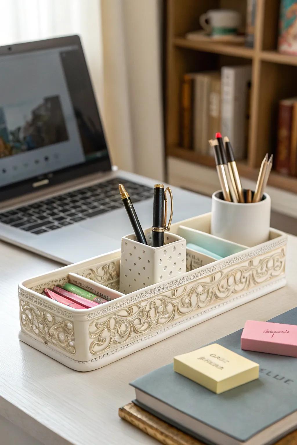Sustain a neat workspace with a fine china desk manager.