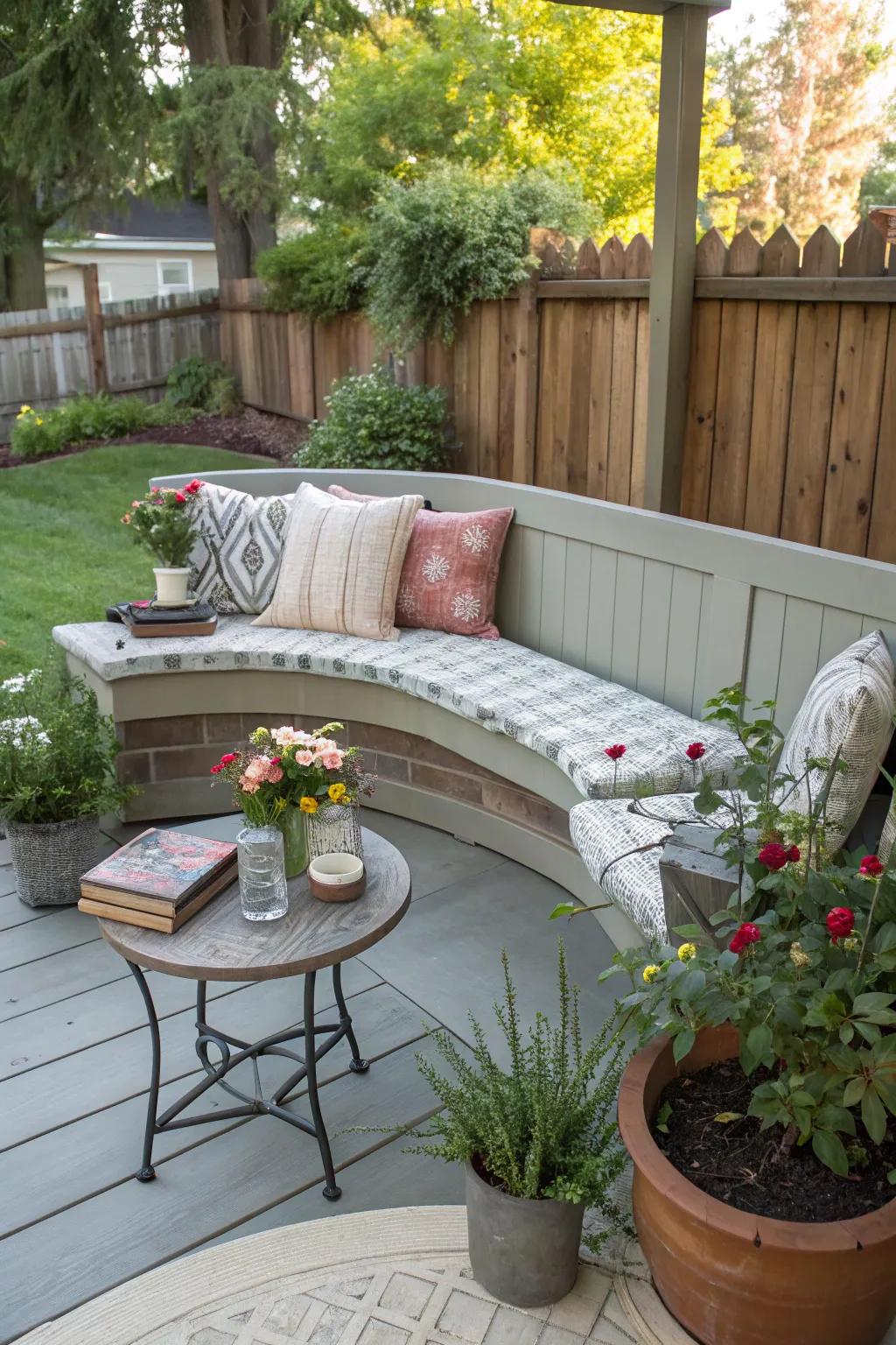 A curved bench is impeccable for social gatherings on the porch.