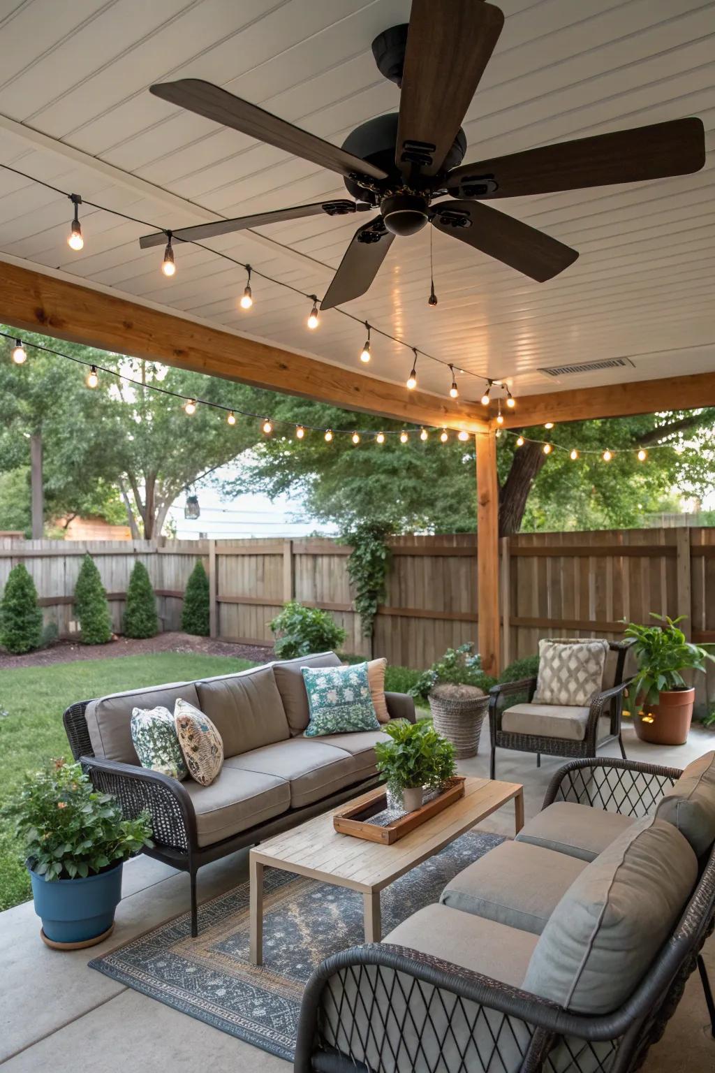 A multi-blade fan permits customizable airflow on this adaptable porch.