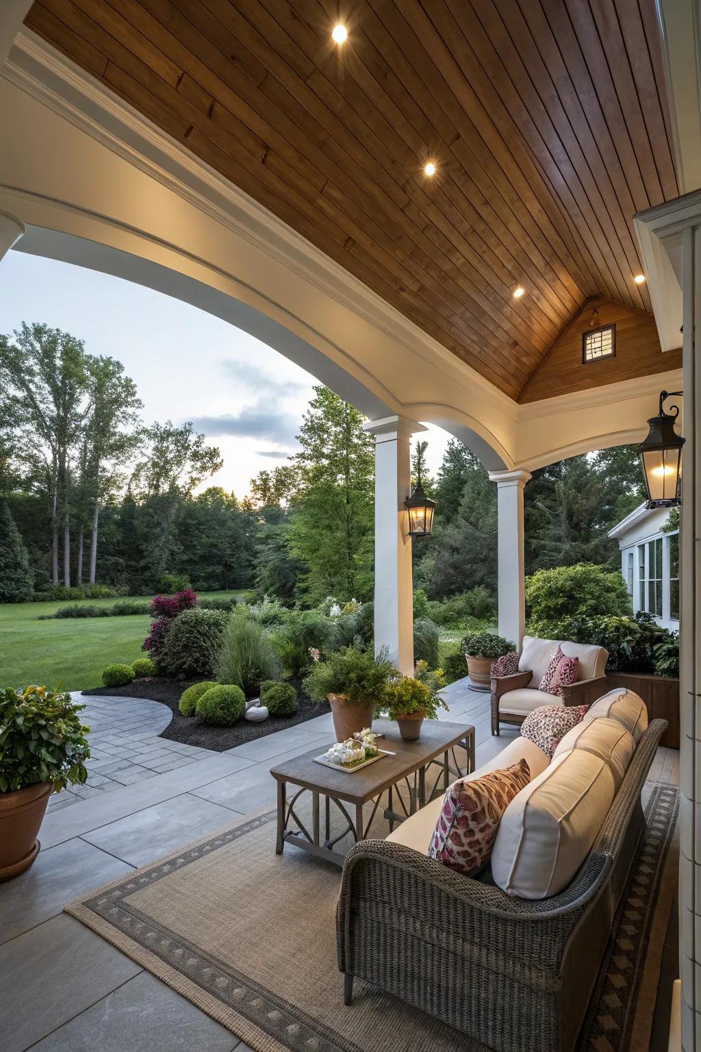 A vaulted ceiling porch creates a sense of openness.