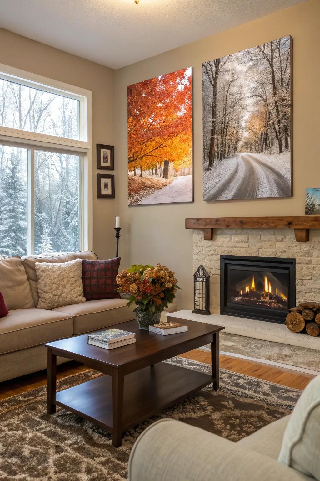 A living room that is updated with seasonal poster rotations.