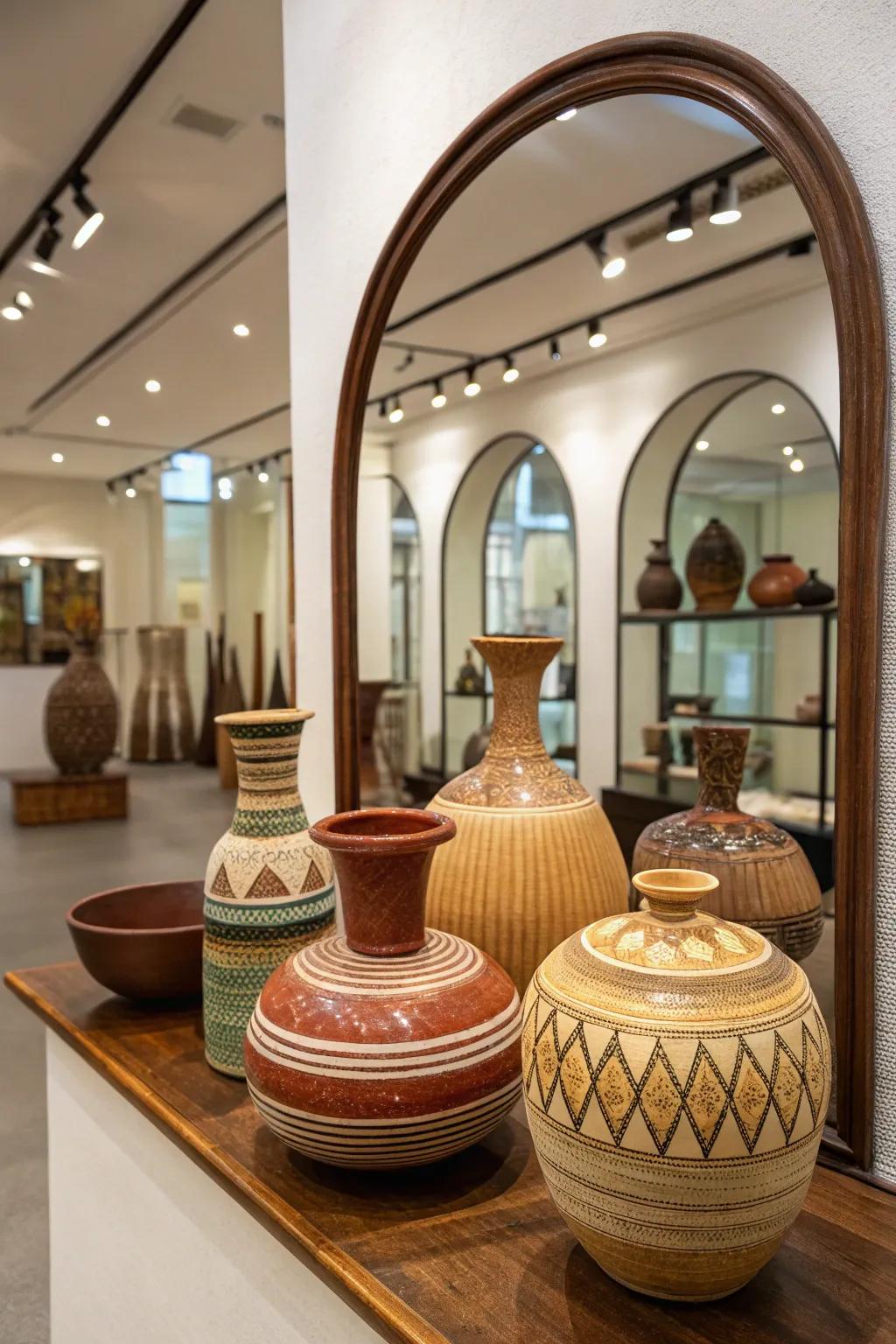 Pottery display enhanced by a reflector backdrop.