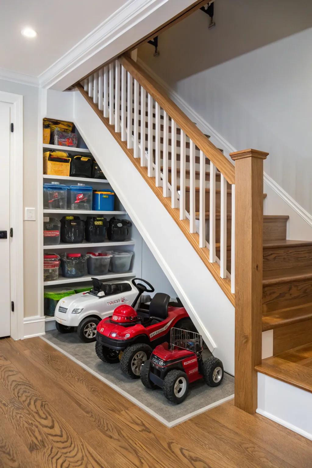 Under-stair storage cleverly hiding motorized toy vehicles.